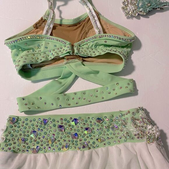 Solo custom dance costume leotard 2 piece mint green rhinestoned LC child - Picture 5 of 13